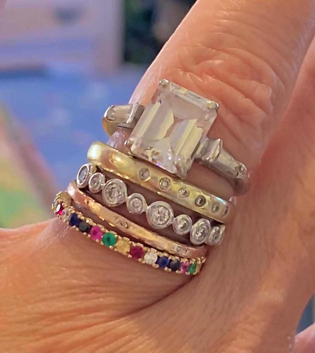 Stack of 14k gold, Diamond & gemstone bands