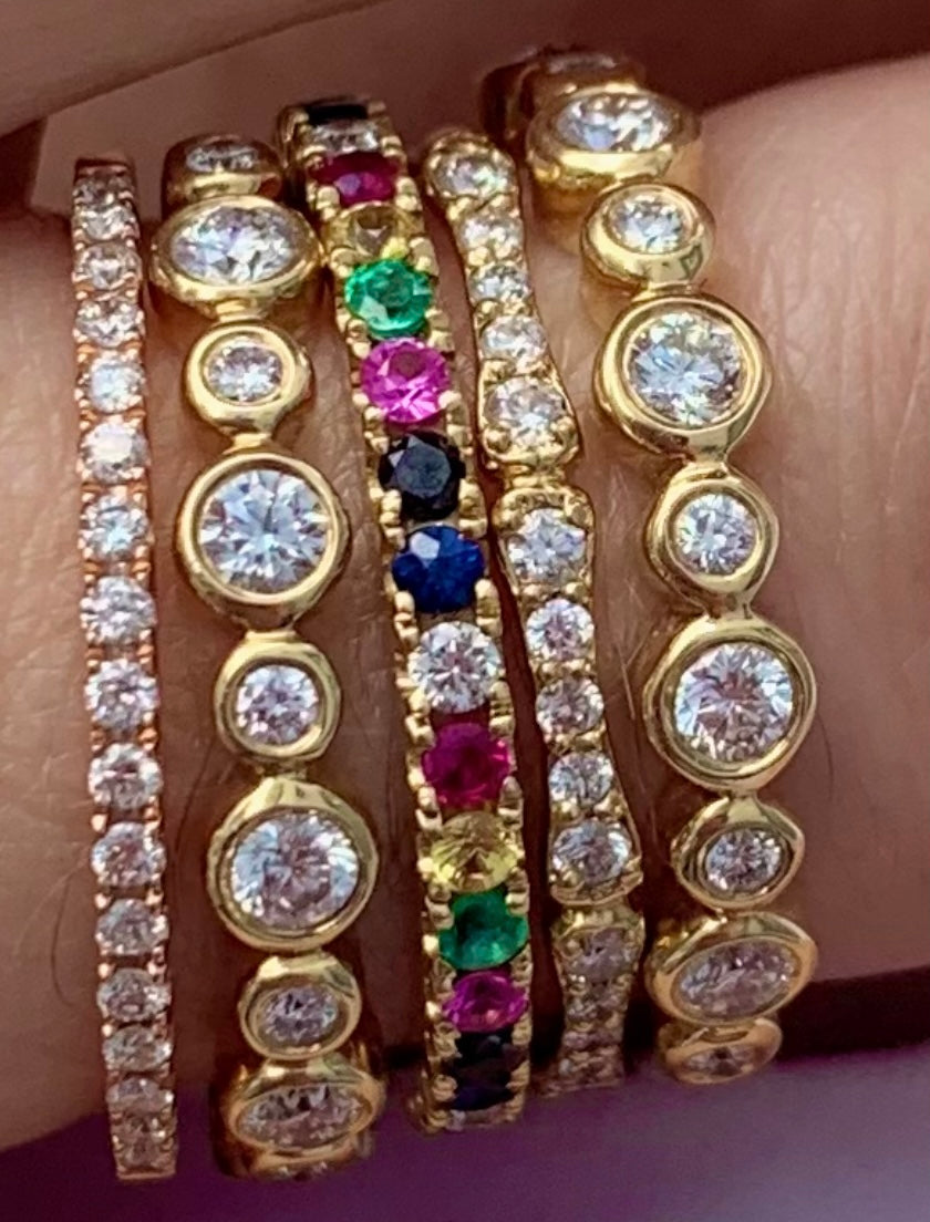 Stack of 14k gold, Diamond & gemstone bands