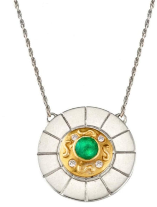 14k white gold, emerald & diamond medallion